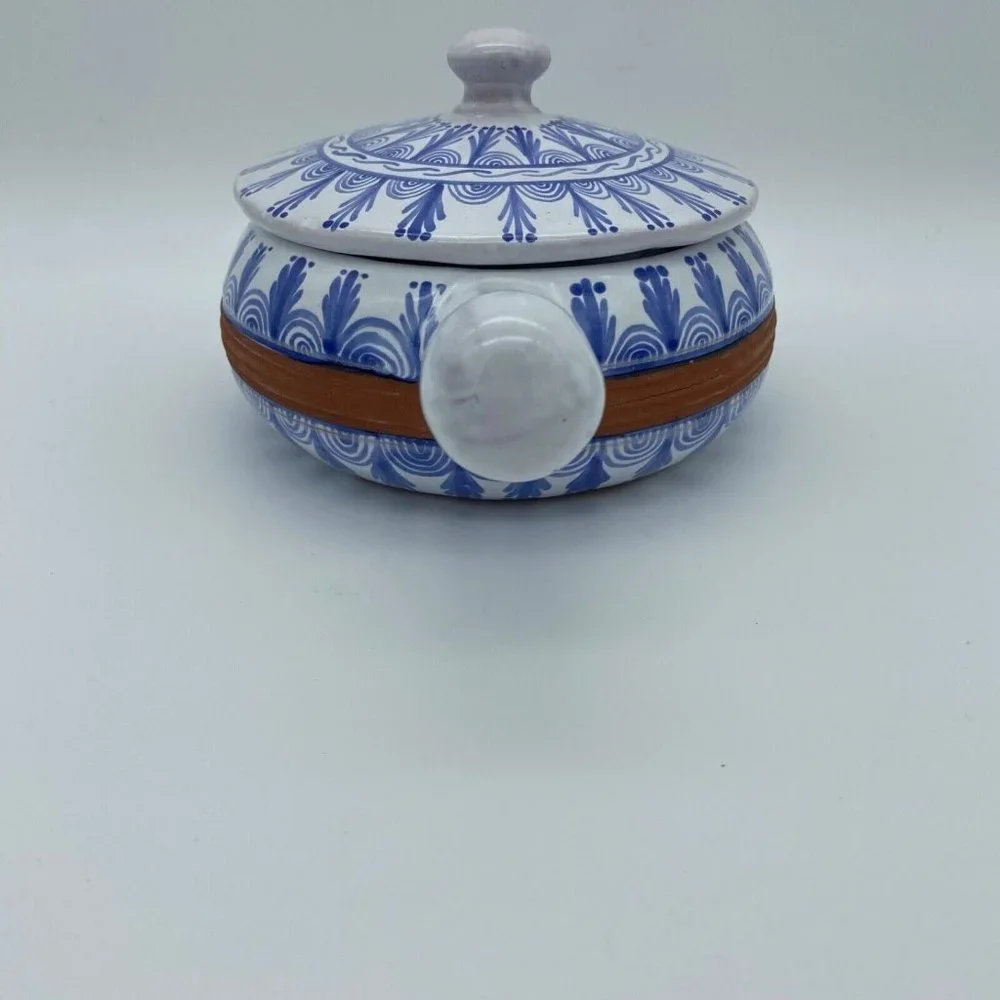 TLAL MICH COLIN Mexican Pottery Hand Painted Cobalt Blue White Bean Bowl‎ w/Lid